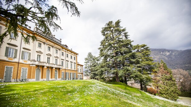 A large building with a symmetrical facade, a sloped lawn with scattered white flowers, and a backdrop of trees and mountains.