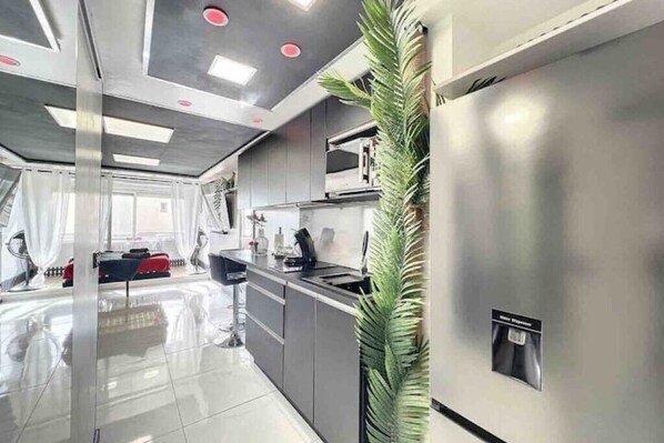 Réfrigérateur, micro-ondes, plaque de cuisson, cafetière/bouilloire