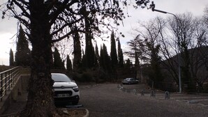 Ein Parkplatz mit einem Auto, das in der Nähe eines Baumes, einer Steinmauer und einem Metallgeländer geparkt ist.