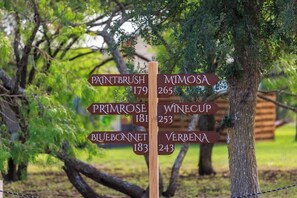 A directional signpost with names and numbers indicating distances to various locations.