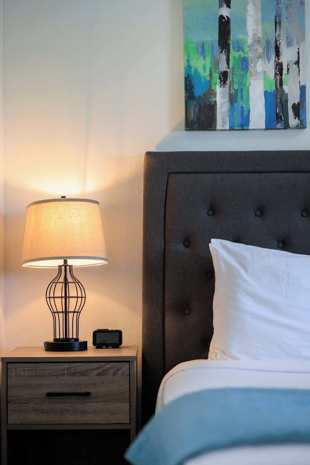 A bedroom with a bed, a nightstand with a lamp, a drawer, and a painting on the wall.