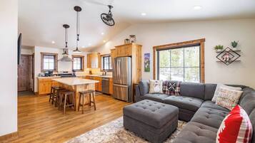 Smart TV, fireplace, table football, books