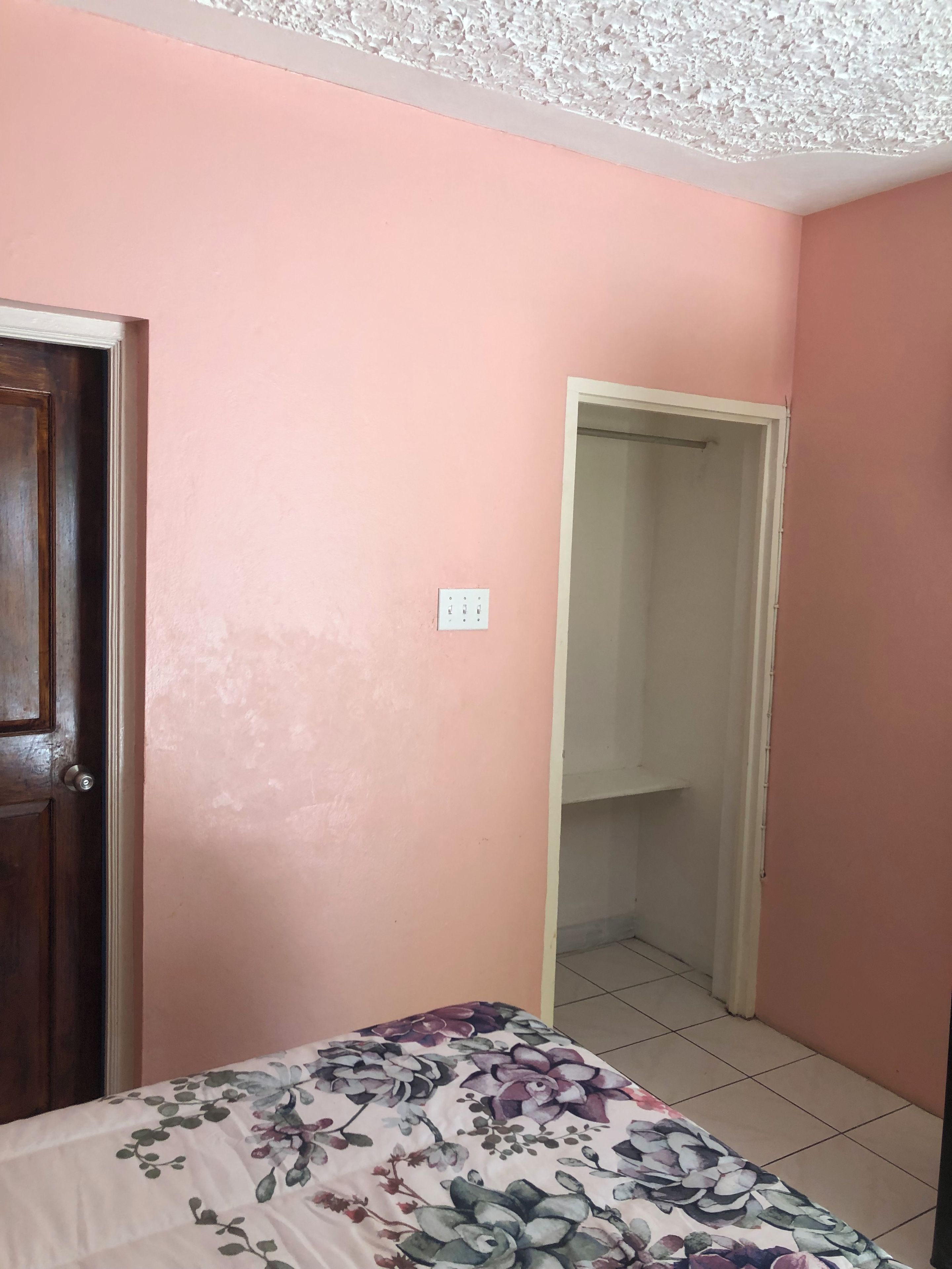 A room with a bed, a door, and a closet.