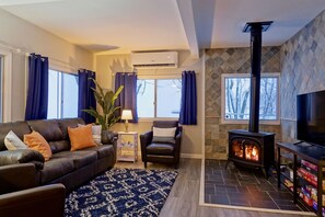 Smart TV, fireplace, books, computer monitors