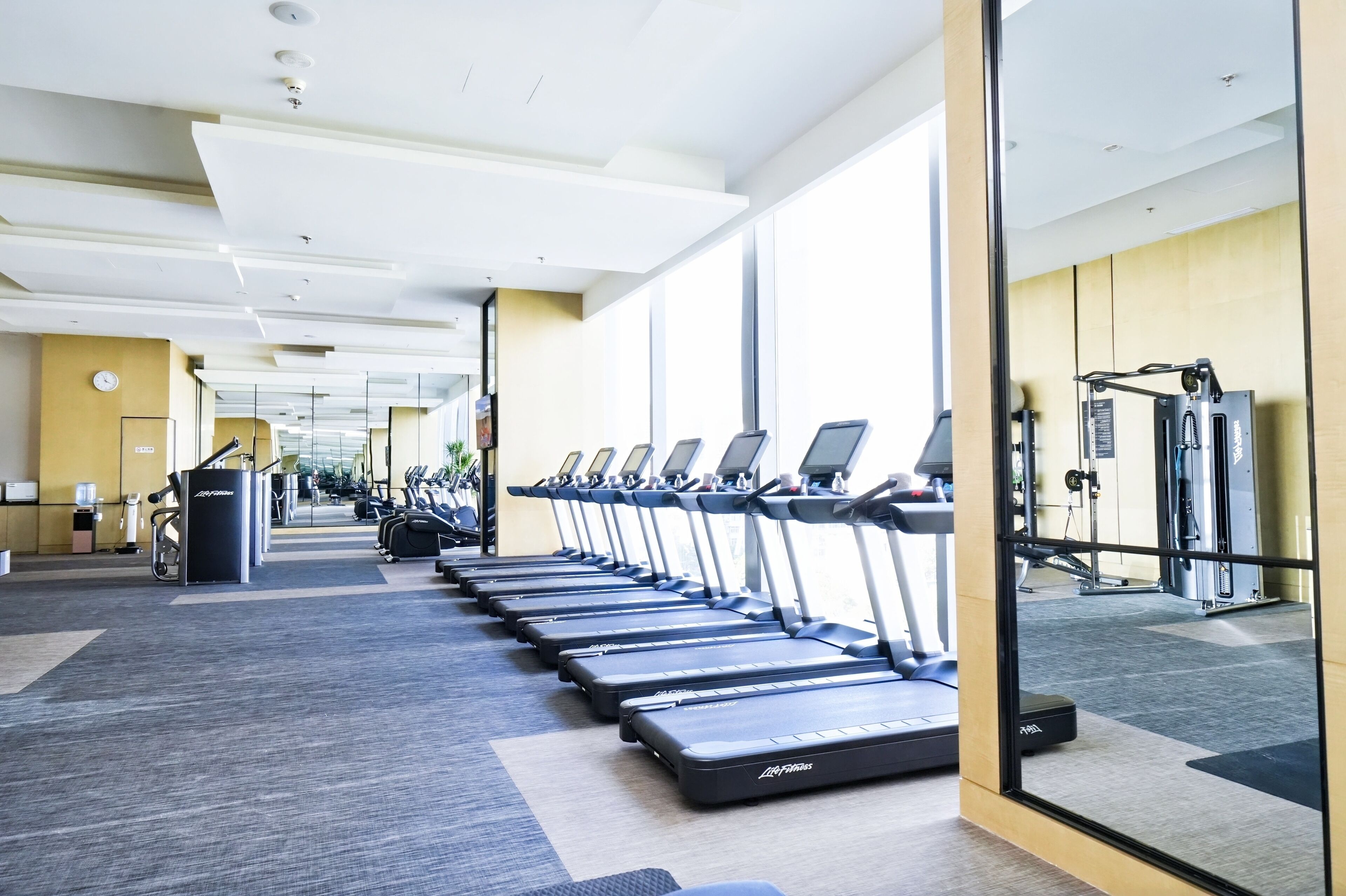 Une salle de sport avec des tapis de course alignés en rangées, une machine de musculation et un miroir qui reflète l’espace.