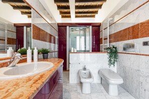 Business Apartment | Bathroom | Shower, hair dryer, bidet, towels