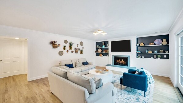 Smart TV, fireplace, books, computer monitors