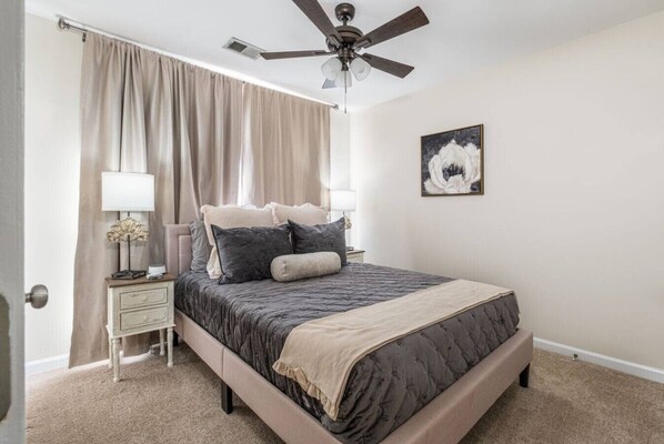 A bedroom with a bed, a ceiling fan, a nightstand, a lamp, a painting, and a door.