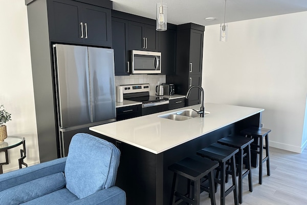 Een magnetron, een oven, een kookplaat, een vaatwasser