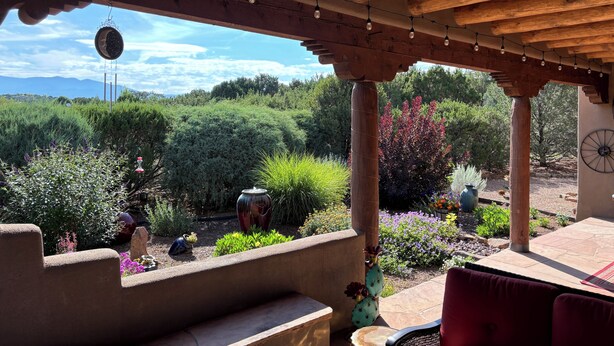 A covered patio with wooden beams, string lights, and a view of a landscaped garden with various plants and a cactus.