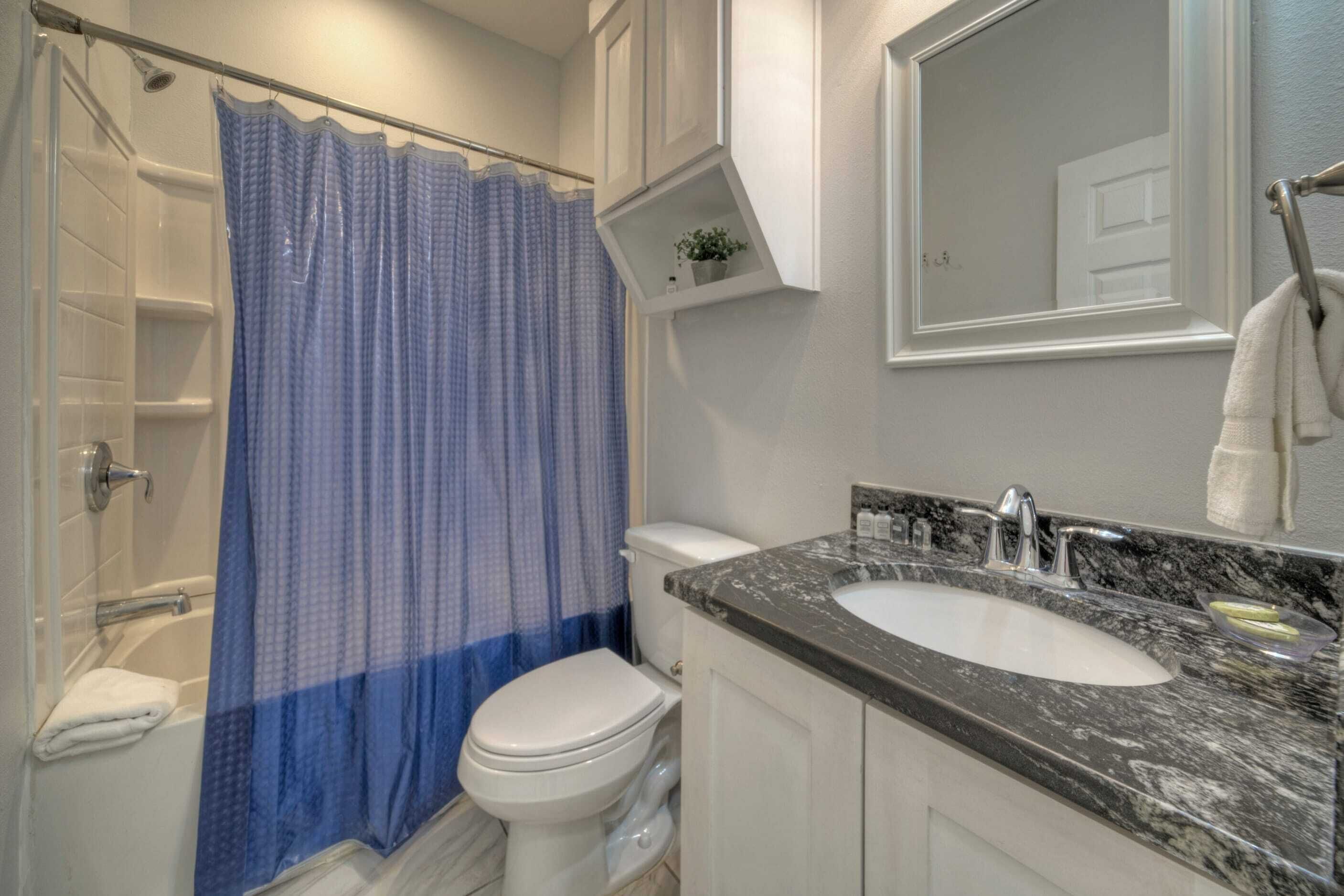 Un baño con ducha, inodoro, lavabo y espejo.