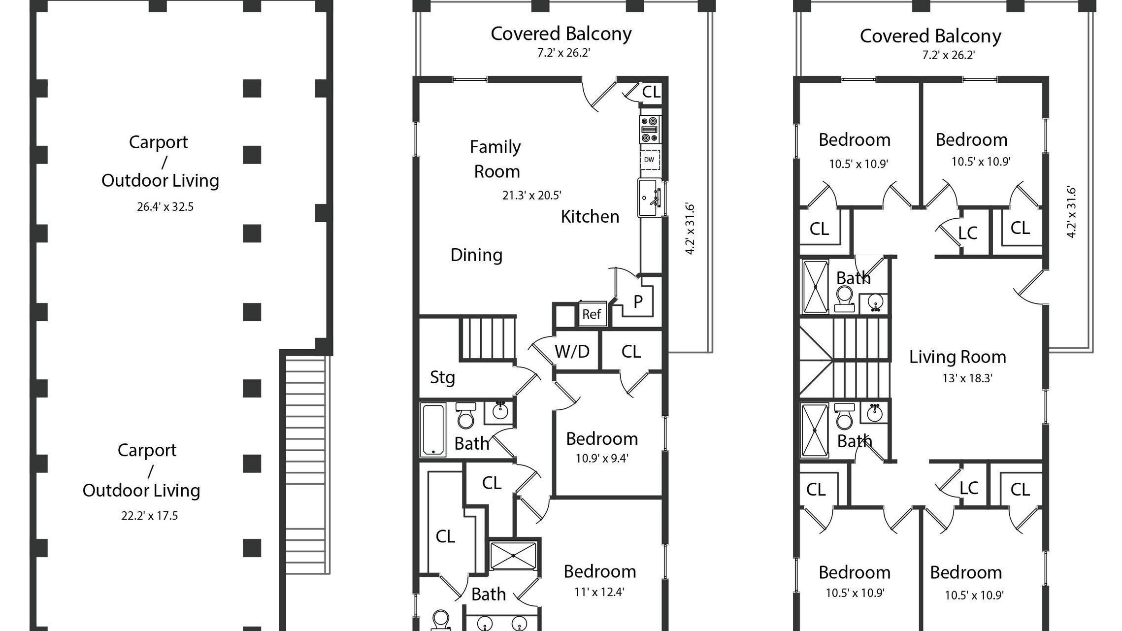 A floor plan with a covered balcony, carport, outdoor living area, family room, kitchen, dining, and multiple bedrooms.