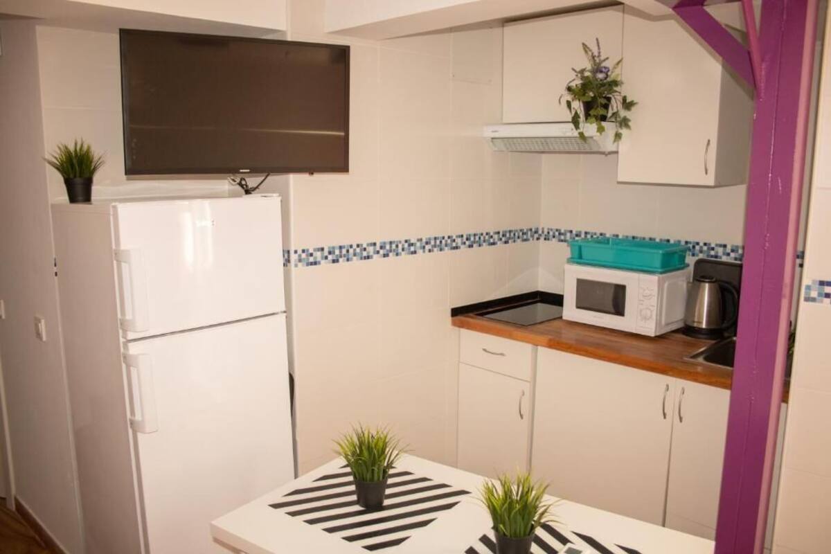 Une cuisine de taille réduite, avec un réfrigérateur blanc, un four à micro-ondes et un évier. Deux plantes en pot sont posées sur le plan de travail.