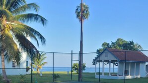 Ein Tennisplatz mit freiem Blick auf den Ozean, eine Palme und ein Gebäude mit rotem Dach.