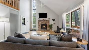 Smart TV, fireplace, foosball