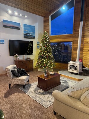 Smart TV, lareira, livros