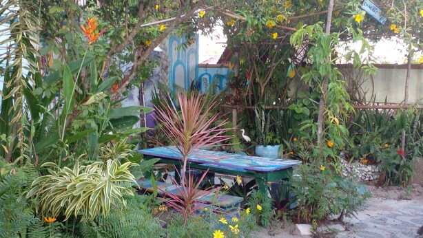 Een tuin met diverse planten en een kleurrijke bank.
