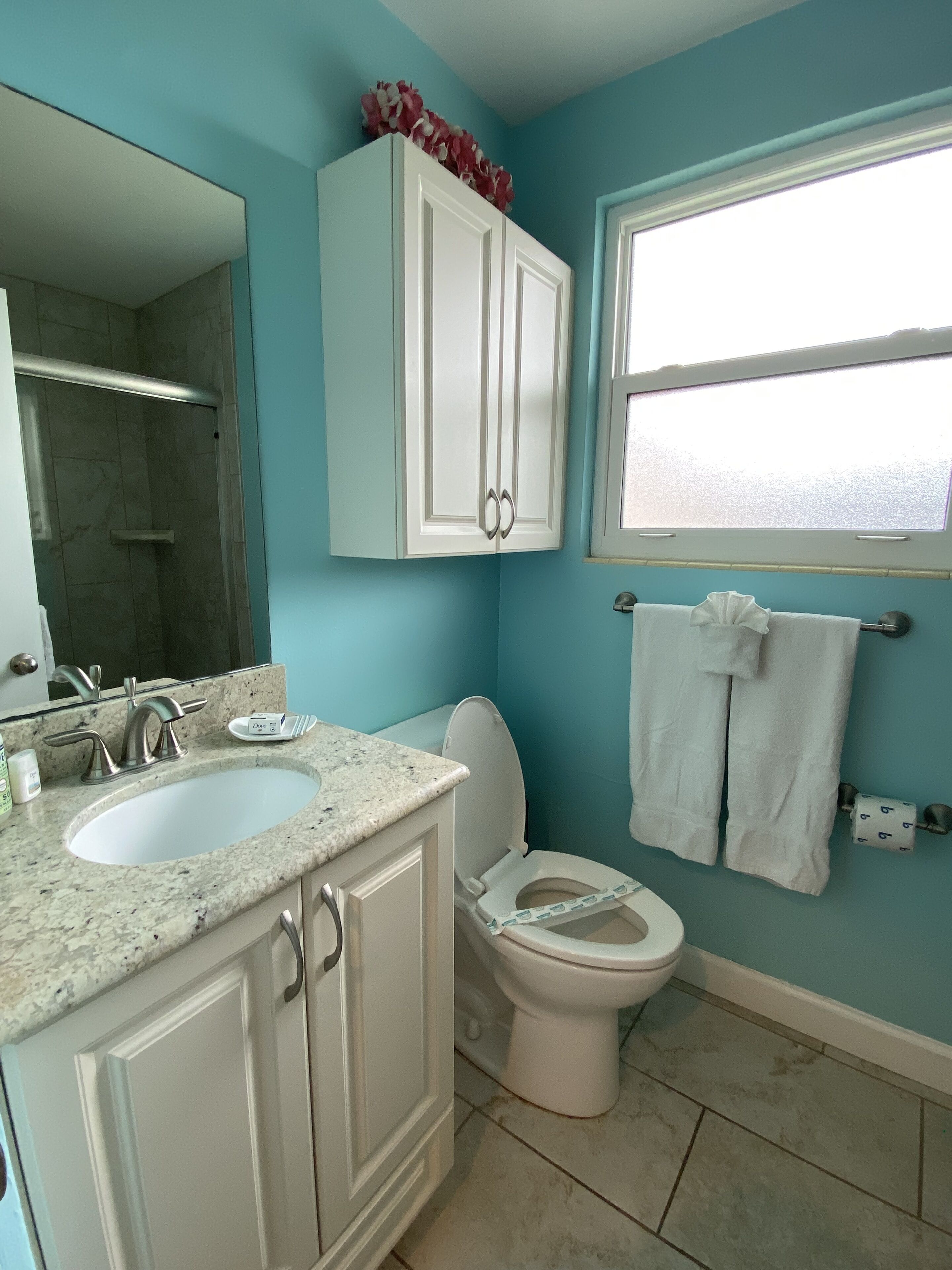 A bathroom with a white sink, a toilet, and a mirror. There is a window with a view of the sky.