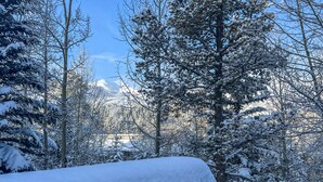 A snowy landscape with trees and a mountain in the background. - Walk to Ski Lift: Breck Condo w/ Hot Tub (Breckenridge)