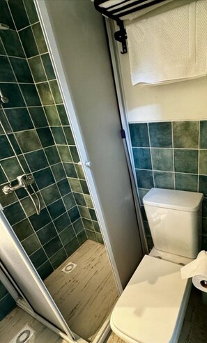 Een douche, een haardroger, handdoeken, zeep