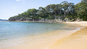Ein Strand mit klarem Wasser, sandigem Ufer und einer bewaldeten Klippe.