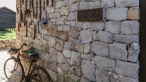 En stenmur med en skylt som visar ordet ”CORVO”, en cykel och en krukväxt.