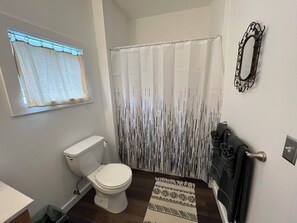 Hair dryer, towels, soap, toilet paper