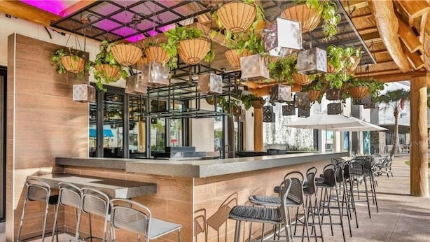 A bar area with a long counter, multiple stools, hanging plants, and a modern ceiling design.
