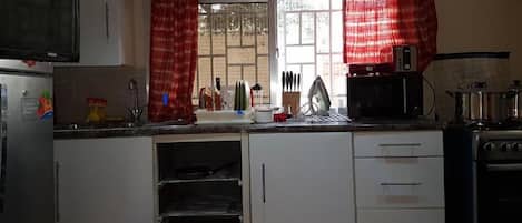 Fridge, microwave, oven, electric kettle