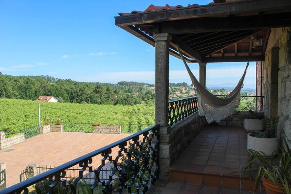 A balcony with a view of a vineyard, a hammock, and potted plants. - Paço AL (Monção)