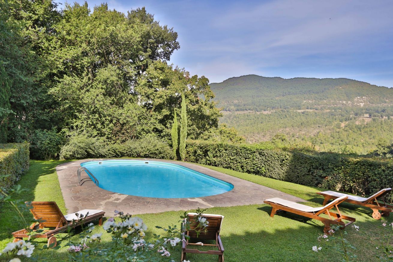 Une piscine entourée de chaises longues, de verdure luxuriante et offrant une vue sur une colline.