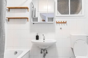 Hair dryer, towels, soap, shampoo