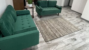 En moderne stue med en hjørnesofa, en mindre sofa og et tæppe på et trægulv.