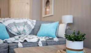 Smart TV, chimenea y libros 
