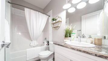 Hair dryer, towels, soap, shampoo