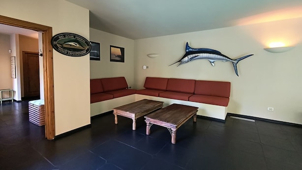 Une pièce comprenant un canapé d’angle rouge, deux tables basses en bois, une décoration murale représentant un requin et un certificat encadré accroché au mur.