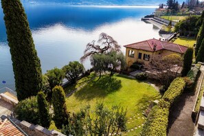A residential area with a house, a large tree, and a body of water.