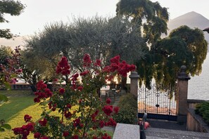 A garden with red flowers, a stone wall, and a view of a body of water and a mountain in the background.