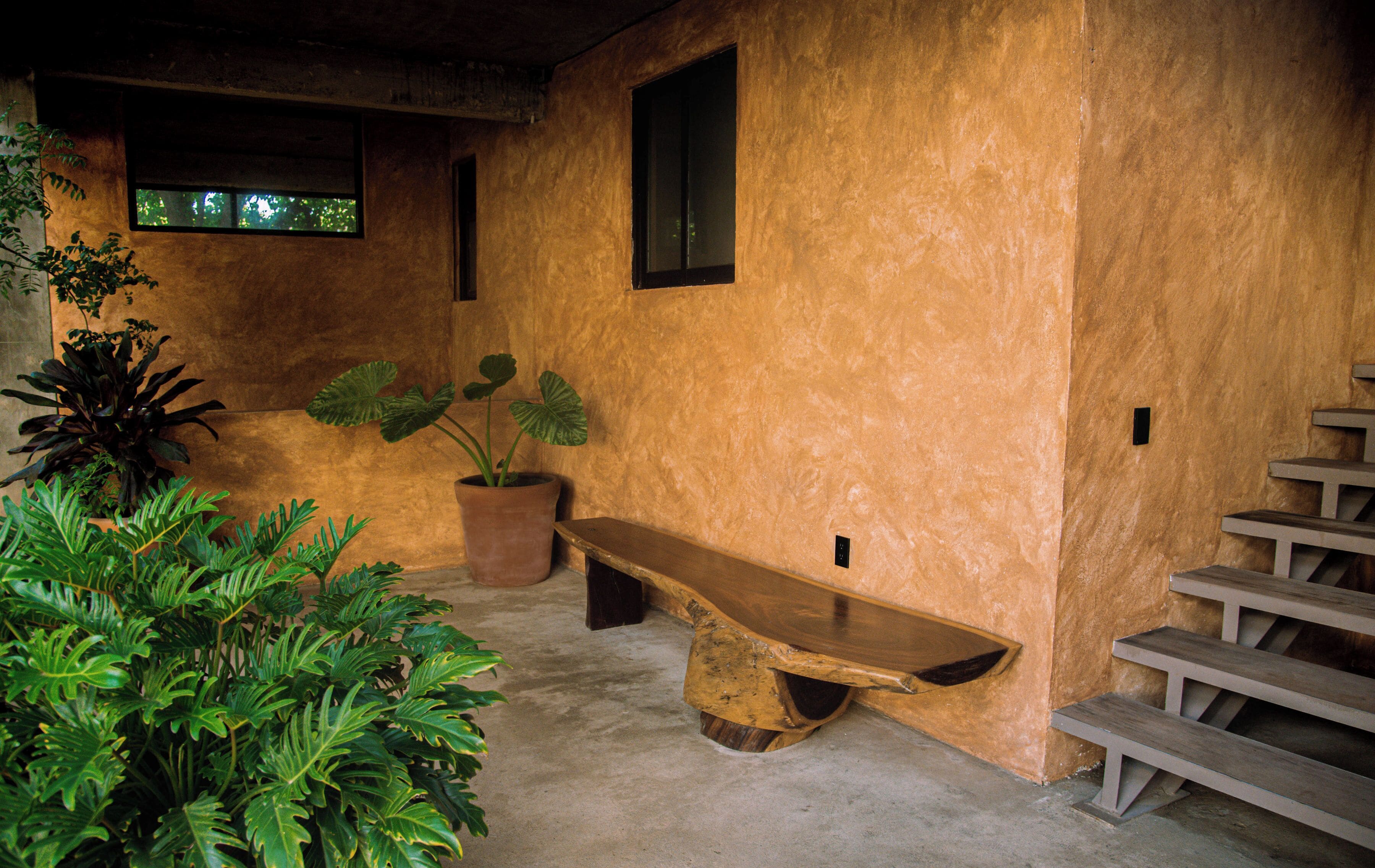 A rustic interior with a wooden bench, potted plants, and a staircase.