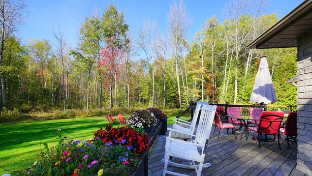 Une terrasse en bois, agrémentée de mobilier d’extérieur, entourée d’un jardin aux fleurs multicolores et offrant une vue sur une forêt.