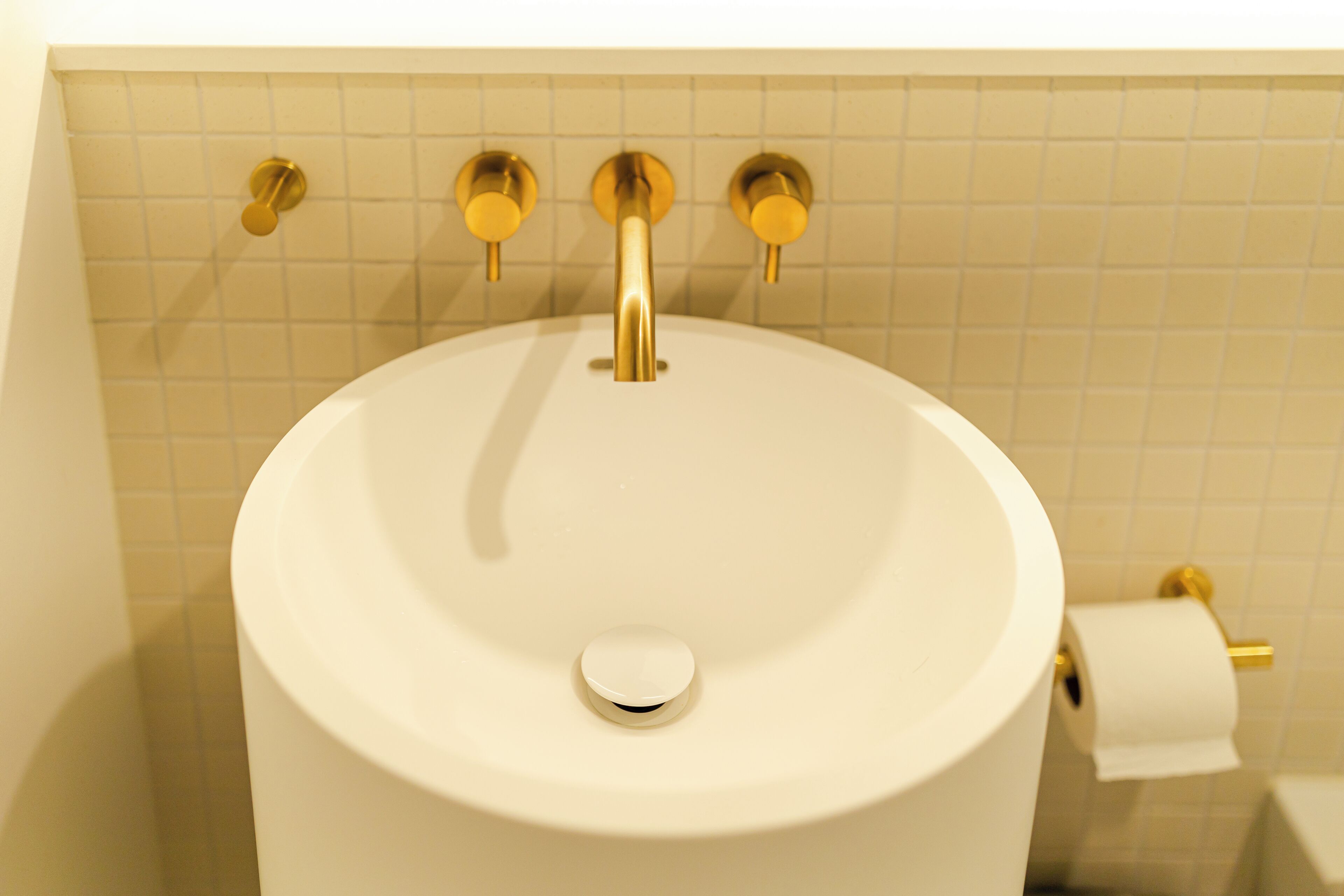 A bathroom with a white sink, gold faucets, and a toilet paper holder.