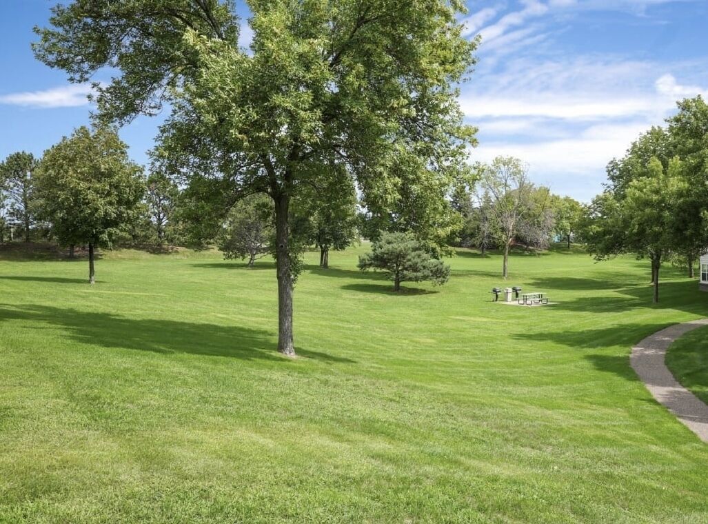 A well-maintained grassy area with trees and a picnic table.
