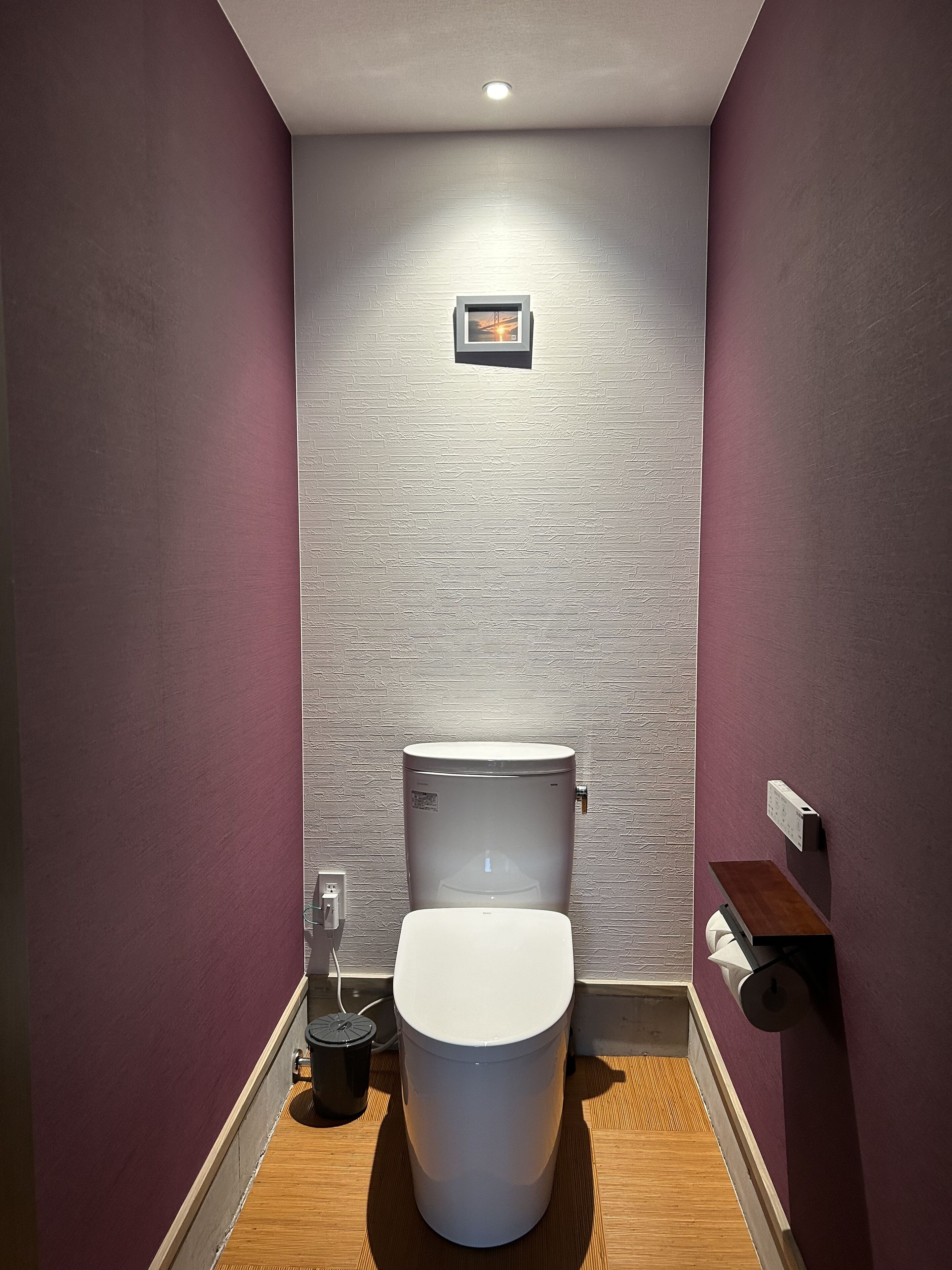 A modern bathroom with a white toilet, a small framed picture on the wall, and a wooden floor.