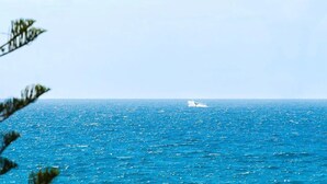 A view of the ocean with a boat in the distance.
