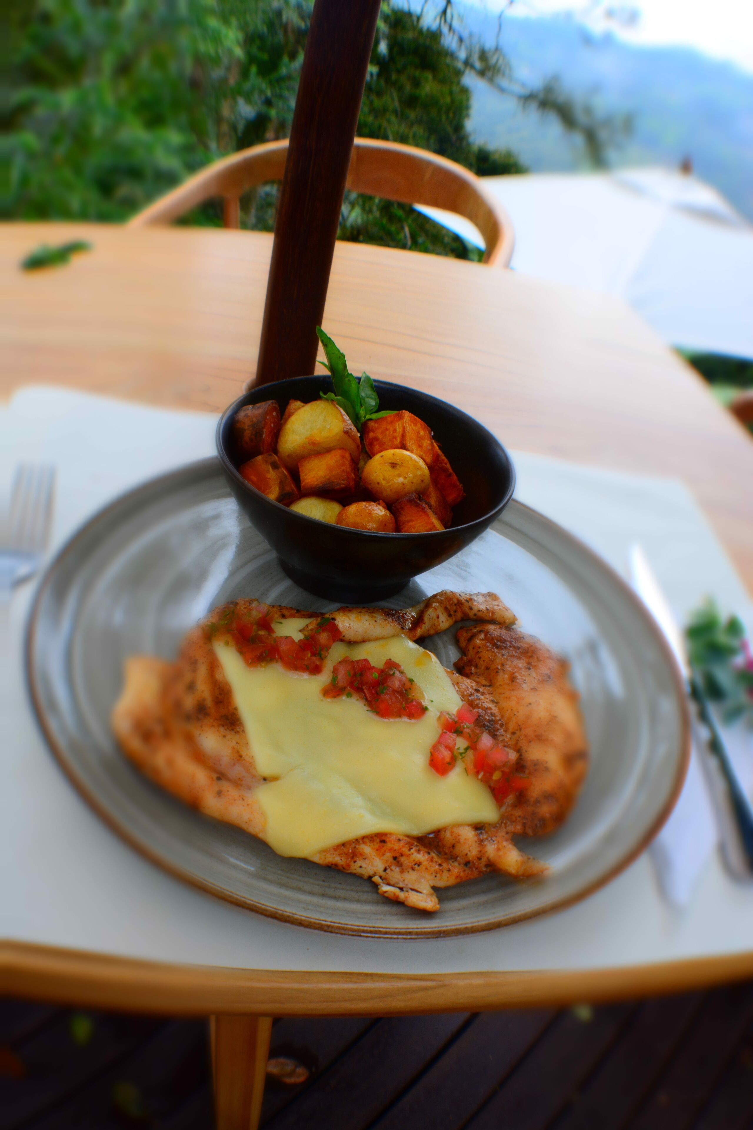 Un plat composé de pommes de terre et d’un morceau de poulet grillé.