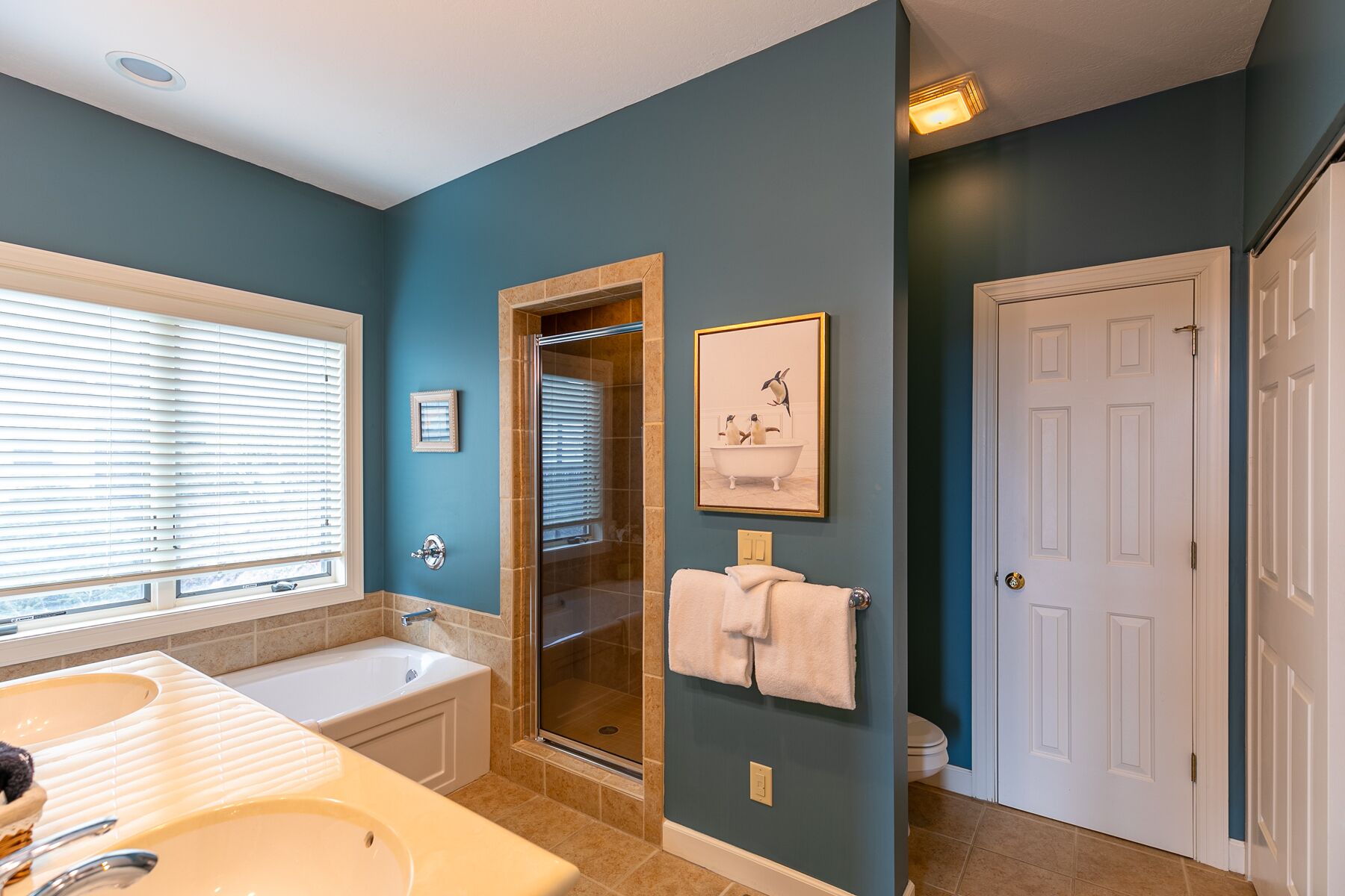 A bathroom with a bathtub, a shower, and a toilet. There is a window with blinds, a towel rack, and a framed picture on the wall.