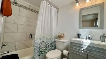 Hair dryer, towels, soap, toilet paper