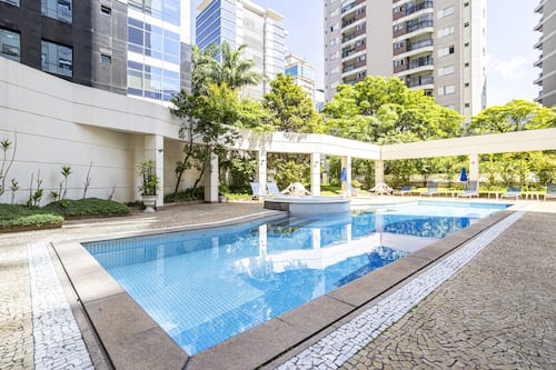 Outdoor pool, pool umbrellas, pool loungers