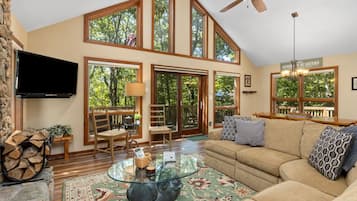 Smart TV, fireplace, books