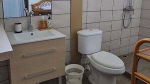 Klassieke tweepersoonskamer, 1 queensize bed, privébadkamer, aan het zwembad | Badkamer | Een douche, handdoeken, zeep, shampoo